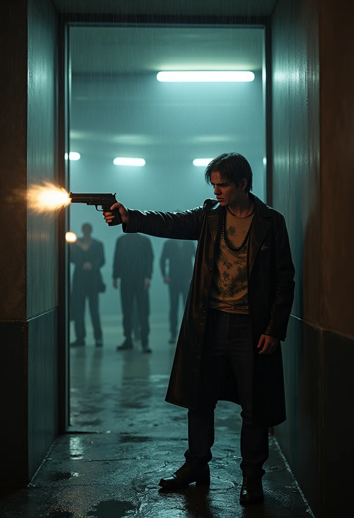 jump moment from around the corner of the wall with two pistols in his hands pointed at enemies and shoots, Hawaiian shirt, leather black coat, Max Payne exchanges fire with bandits in an unfinished building, heavy rain, closing fluorescent lights, Berettas in two hands, dramatic camera angle, hints of color, atmospheric environment, rainy night setting, desaturated palette, deep shadows, hard edge lighting, dramatic silhouette, cinematic depth of field, photorealistic, masterpiece, 8k, watch to the camera, Max Payne, lilamaddyson