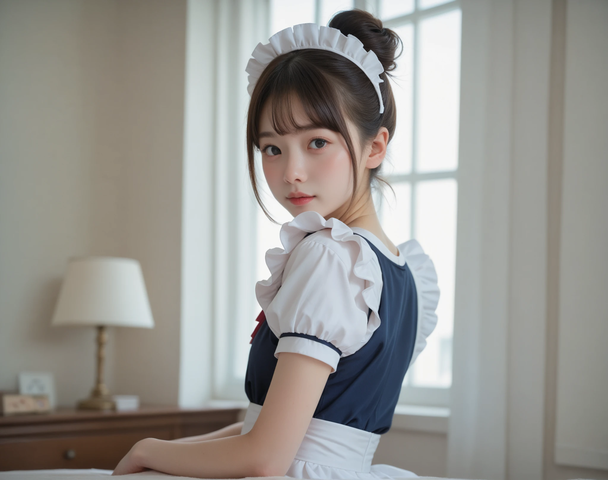  maid clothes,****** high school ********, cute girl,masterpiece, bun hair,Narrow shoulders, white skin,Thin arms,skinny