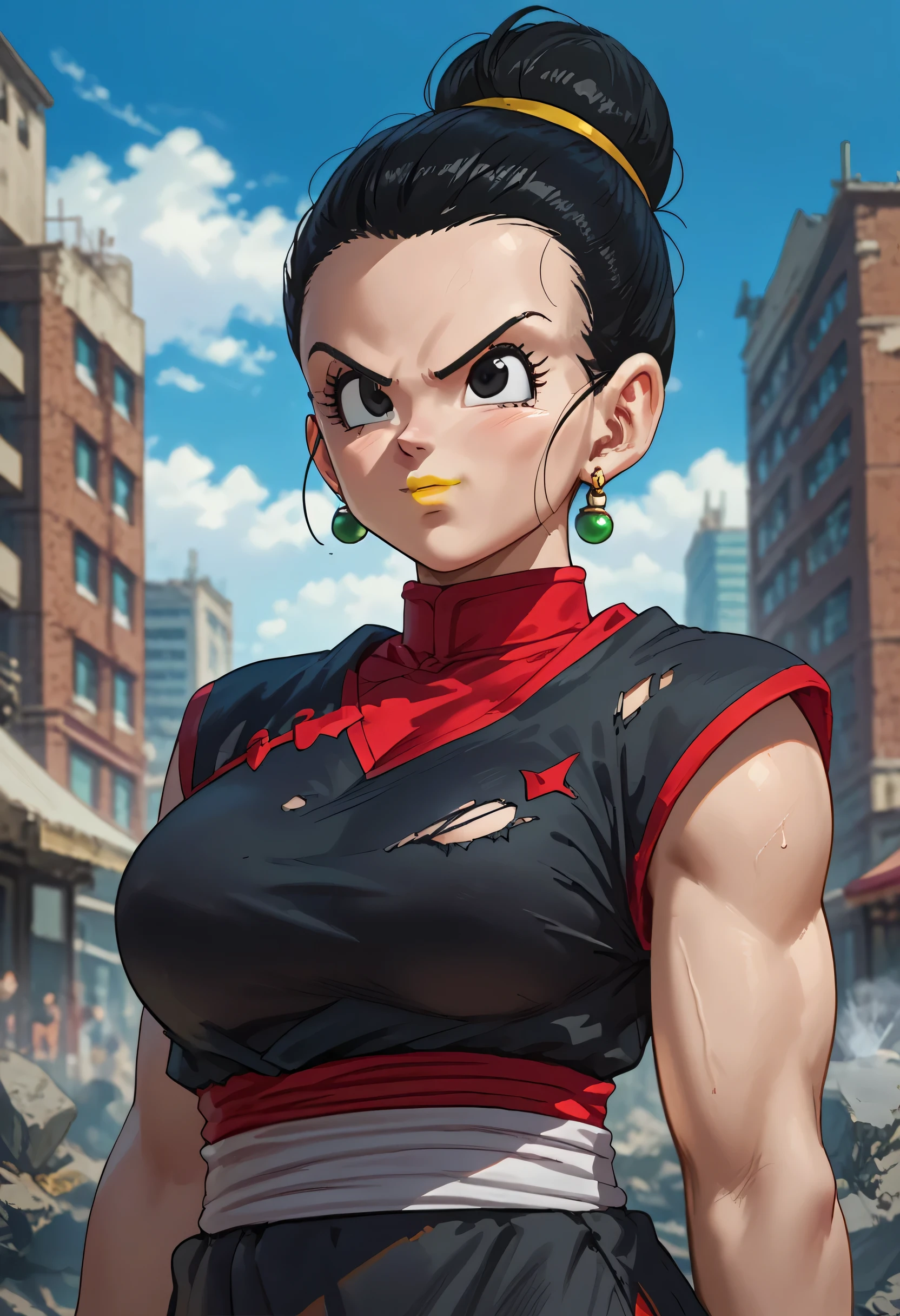 woman, black hair, white skin, big breasts, yellow lipstick, Chi Chi, anime style, black outfit, Goku Black style, destroyed city in the background, focus on the upper body, black clothes