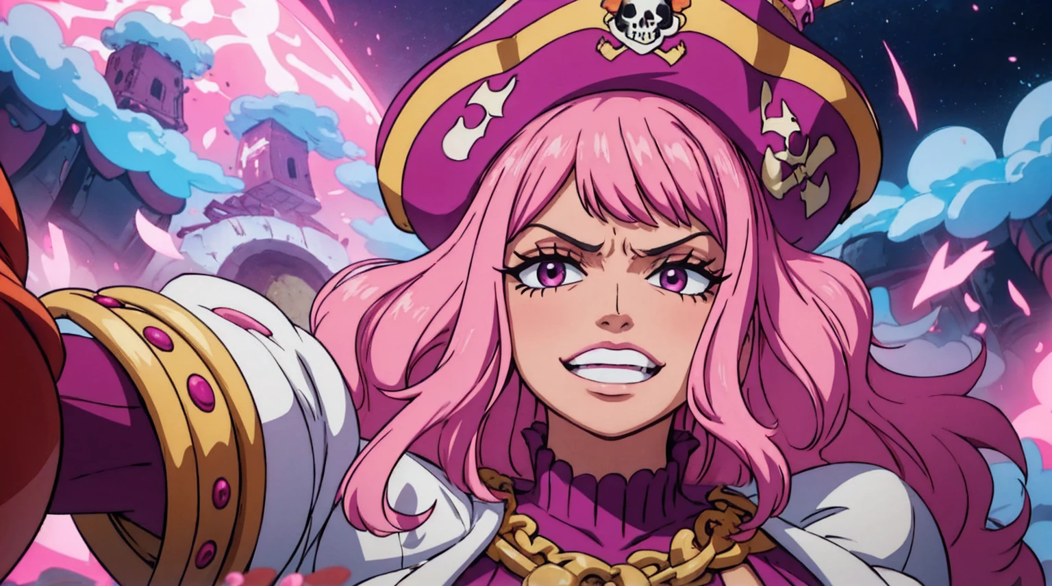 Create an image of a towering and powerful pirate queen with an aura of dominance and chaos. She has wild, flowing pastel-colored pink hair and a wide, menacing grin. Her outfit is flamboyant, featuring a vibrant dress with candy-themed patterns and gold accessories. Her presence is intimidating yet regal, with a massive pirate hat decorated with skull motifs and sweets. The setting is a fantastical candy-themed island under a stormy sky, with giant desserts and swirling clouds in the background. Her expression combines playful mischief with raw authority, and she holds a massive, enchanted sword crackling with energy. Big Mom of One Piece, fat woman, old woman, large nose,