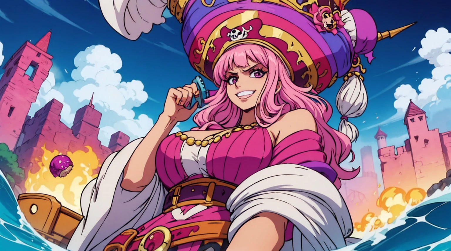 Create an image of a towering and powerful pirate queen with an aura of dominance and chaos. She has wild, flowing pastel-colored pink hair and a wide, menacing grin. Her outfit is flamboyant, featuring a vibrant dress with candy-themed patterns and gold accessories. Her presence is intimidating yet regal, with a massive pirate hat decorated with skull motifs and sweets. The setting is a fantastical candy-themed island under a stormy sky, with giant desserts and swirling clouds in the background. Her expression combines playful mischief with raw authority, and she holds a massive, enchanted sword crackling with energy. Big Mom of One Piece, fat woman, old woman, large nose,