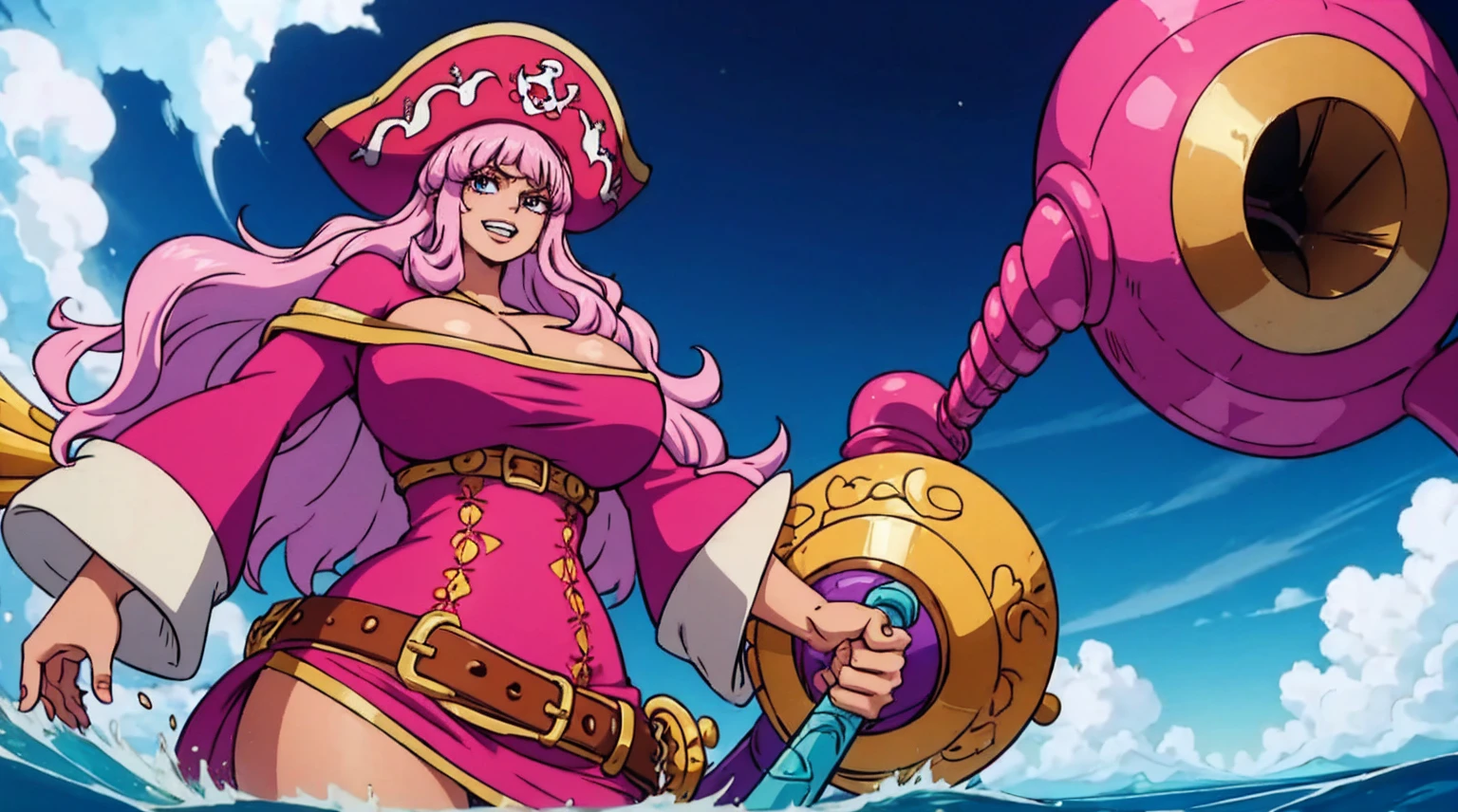 Create an image of a towering and powerful pirate queen with an aura of dominance and chaos. She has wild, flowing pastel-colored pink hair and a wide, menacing grin. Her outfit is flamboyant, featuring a vibrant dress with candy-themed patterns and gold accessories. Her presence is intimidating yet regal, with a massive pirate hat decorated with skull motifs and sweets. The setting is a fantastical candy-themed island under a stormy sky, with giant desserts and swirling clouds in the background. Her expression combines playful mischief with raw authority, and she holds a massive, enchanted sword crackling with energy. Big Mom of One Piece, fat woman, old woman, large nose,