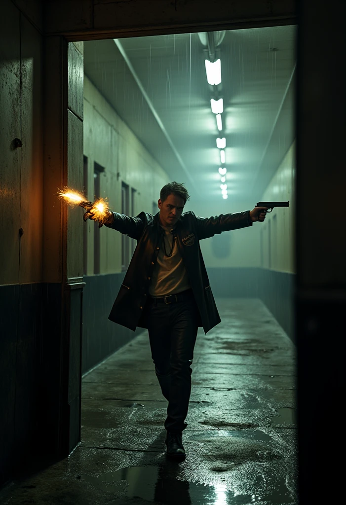 jump moment from around the corner of the wall with two pistols in his hands pointed at enemies, Hawaiian shirt, leather black coat, Max Payne exchanges fire with bandits in an unfinished building, heavy rain, closing fluorescent lights, Berettas in two hands, dramatic camera angle, hints of color, atmospheric environment, rainy night setting, desaturated palette, deep shadows, hard edge lighting, dramatic silhouette, cinematic depth of field, photorealistic, masterpiece, 8k, watch to the camera, Max Payne, lilamaddyson