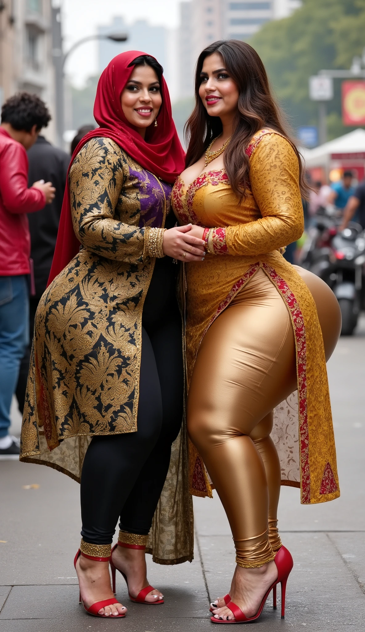 I am 40 year old plus size tall and big giant indian muslim women, looking like indian actress hansika motwani, wearing a gold amd black boarded kurti and shining reflective glossy cyan ankle length leggings and red hijab,white-skin,white skin tone, beautiful face, red lips, clean skin, celebrity face, thick leggs, round ass,bulging ass,huge breast, i am hugging another 40 plus size tall and big giant indian wife, looking like indian actress anushka shetty, wearing shining reflective glossy bronze ankle length leggings and purple golden boarded kurti, white skin tone, beautiful face, red lips, clean skin, celebrity face, thick leggs, round ass,bulging ass,huge breast,all indian ornaments like ,gold chain,gold necklace,gold ear ring with chain connect with nose ,nose stud ,auspicious thread in Necklace, Armlet, bangles,red sindur on head,women standing looking the viewer,both women have huge bulging assand wide hips,smiling happy face,red and gold stileto heels,looking straight to camera, realistic photo, looking straight to camera,full body image,wide angle shot in camera, realistic photo,a quarter back side view of women,in a crowded vegitable market, people watching women, 