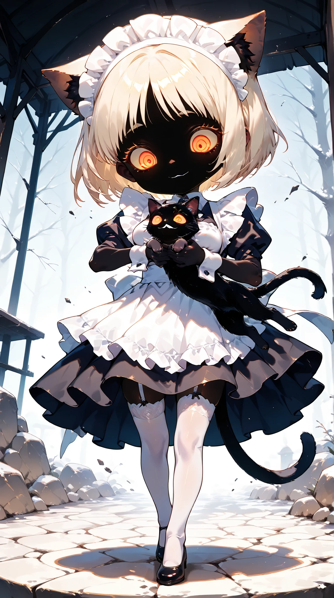 1girl\(black body ,slender, (chibi:0.5), black, black skin, (glossy:1.3) jet black skin,shiny skin, Blonde Bob,[bangs],shiny hair, (Cool beautiful eyes:1.3),big eyes,squinched eyes, cold eyes, glowing eyes, shiny glitter eyeshadow, long golden eyelash, (Narrow eyes:1.3), (teethless),(black mouth:1.3),smile,well-groomed golden eyebrows, Victorian maid costume\(Maid headband, frilled apron,black dress,white cuffs\), (white garter stockings:1.1), (Beautiful perky breast), Slim thighs:1.1, full body, gold sclera,Looking down,looking viewer, (detailed pupils:1.3),(dynamic pose:1.3),(holding cat\((black fur:1.3),[mouth:1.3]\):1.3)\). BREAK .background\(dirty underground Catacombs\),(dynamic angle:1.4)