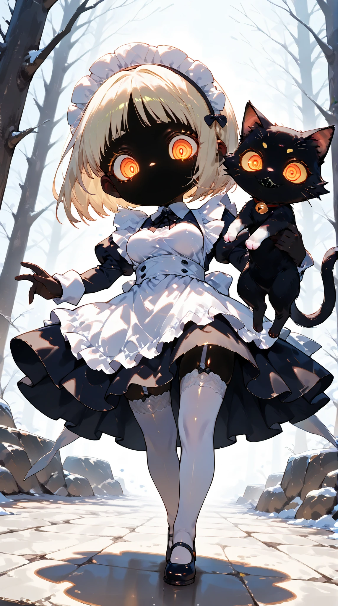 1girl\(black body ,slender, (chibi:0.5), black, black skin, (glossy:1.3) jet black skin,shiny skin, Blonde Bob,[bangs],shiny hair, (Cool beautiful eyes:1.3),big eyes,squinched eyes, cold eyes, glowing eyes, shiny glitter eyeshadow, long golden eyelash, (Narrow eyes:1.3), (teethless),(black mouth:1.3),smile,well-groomed golden eyebrows, Victorian maid costume\(Maid headband, frilled apron,black dress,white cuffs\), (white garter stockings:1.1), (Beautiful perky breast), Slim thighs:1.1, full body, gold sclera,Looking down,looking viewer, (detailed pupils:1.3),(dynamic pose:1.3),(holding cat\((black fur:1.3),[mouth:1.3]\):1.3)\). BREAK .background\(dirty underground Catacombs\),(dynamic angle:1.4)