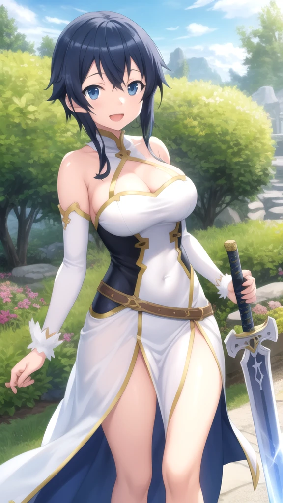 masterpiece, best quality, high quality, girl, solo, looking at viewer, touya_mochizuki, black hair, blue hair, large breasts, Sword art online cosplay, standing, smile, open mouth, outdoors 