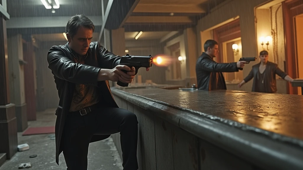 jump moment from around the corner of the wall with two pistols in his hands pointed at enemies, Hawaiian shirt, leather black coat, Max Payne exchanges fire with bandits in an unfinished building, heavy rain, closing fluorescent lights, Berettas in two hands, dramatic camera angle, hints of color, atmospheric environment, rainy night setting, desaturated palette, deep shadows, hard edge lighting, dramatic silhouette, cinematic depth of field, photorealistic, masterpiece, 8k, watch to the camera, Max Payne, lilamaddyson