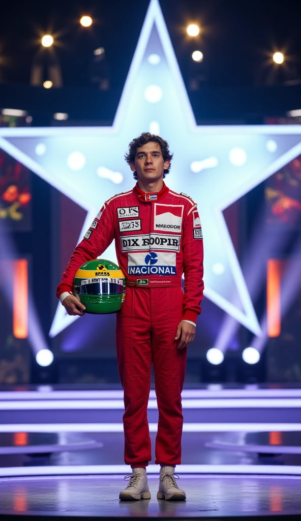  Formula 1 driver Ayrton Senna wearing his classic red jumpsuit and holding his green and yellow helmet.  He is at the center of the stage of a talent show-type TV show similar to America's Got Talent ,  in the background of the stage we see a large white LED star and colorful light spots without an audience . Distant full-body portrait 