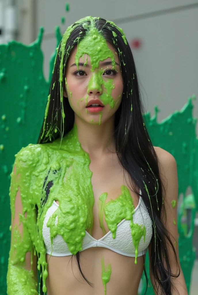 DSLR photograph. Beautiful Korean girl covered in green water. 18 year old. Korean girl. Photorealistic. Nasty slime. Raw photo. New York City. Green Slime. Wearing white lace push-up bra. Black hair. (Asian: 1.1). Beautiful Asian face. Black eyeliner. Long eyelashes.