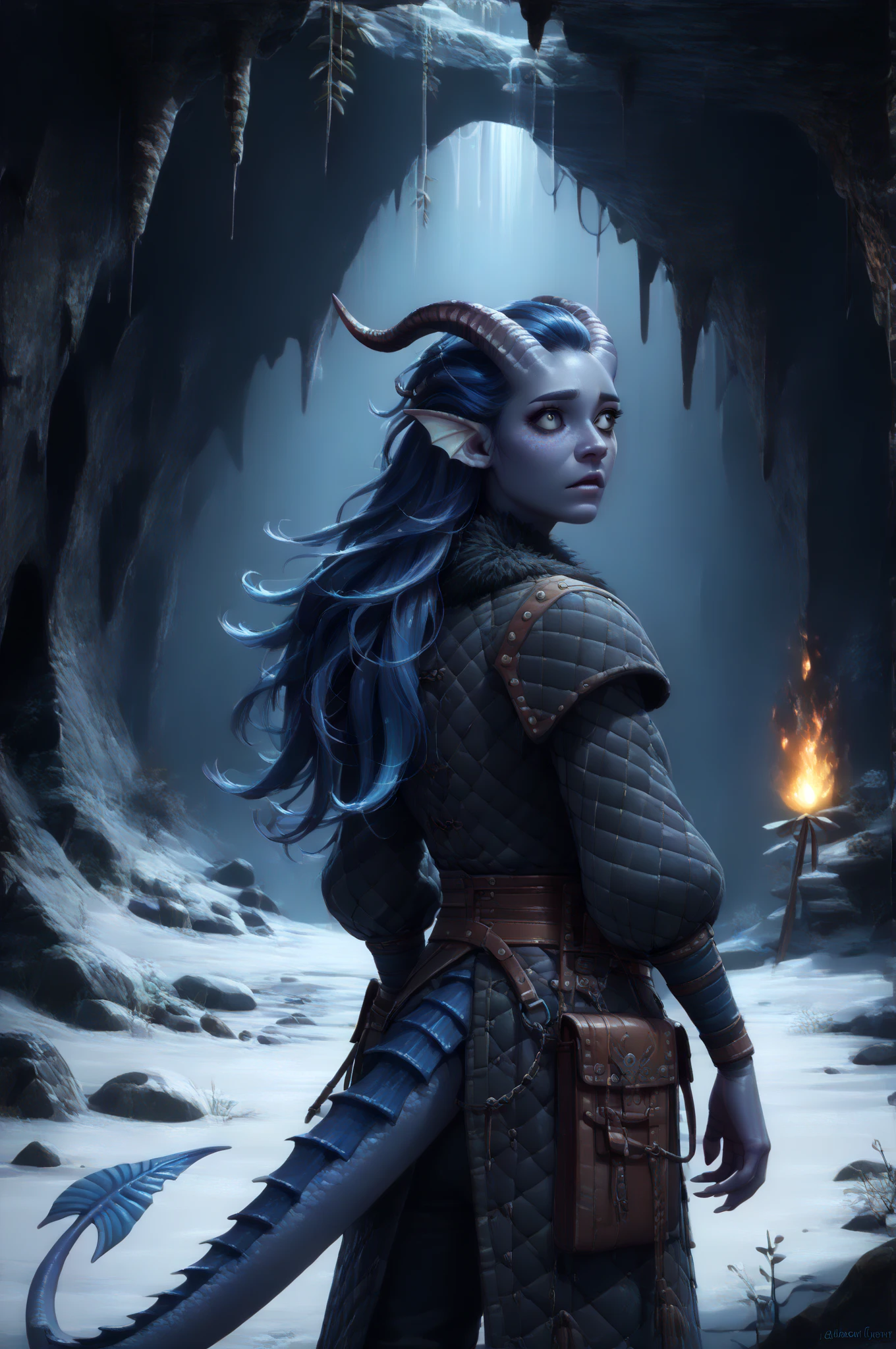 (A snow-covered cedar ,  the winter cedar forest against the background of ), (1Тiefling ,  dark blue-gray skin :1.5), ( very thick long tiefling dragon tail :1.5), ( long black flowing hair with dark blue tips:1.4), ( the bright blue-black pigmentation on the face :1.5), (blue-black freckles :1.2) , ( 2little fins on their heads :1.4), ( Black eyes :1.7), (blue pupils:1.3), ( blue-black pigmentation on the skin :1.5), ( dark grey straight short horns ), ( blue and black pigmentation on the tail :1.5),  girl  , (kind face), (1very small black and red flame in the palm:1.7) , (на лице эмоции от coldа), ( medieval fur pants ), (coldно:1.2), [curiosity ], (35 years old:1.5), (adult:1.2), (Deep look:1.3), (looks back in fright:1.5), ( fur collar armor), ( fur armor ), ( medieval fur pants ), (chainmail), (you can see pigmentation on his shoulder ), (tail protection), [ snowy winter ], (in a dark, scary cave, :1.4), (visible in full), ( dynamic pose :1.3), (очень coldно), (dark:1.2), (blizzard,  snow , cold) , ( top quality ), ( masterpiece fails), ( highest detail),  fantasy background, blue tones, Dark tones, dark shades,  muted colors, [Night], (a dark scary cave in the background).