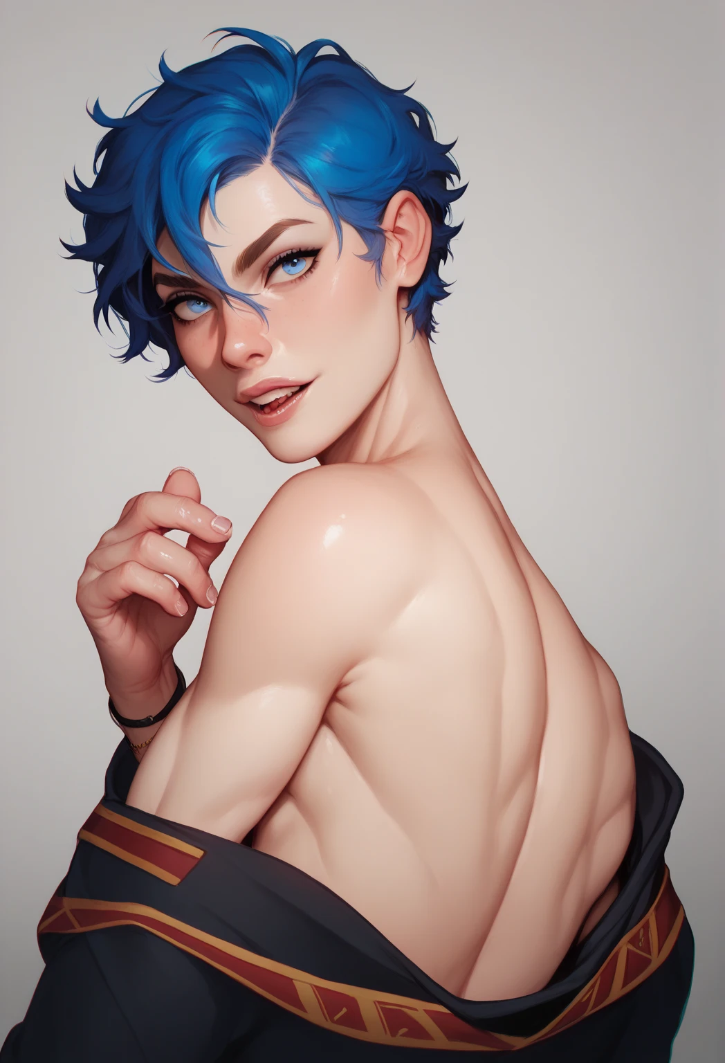 Handsome  17 old boy
Effeminate
Blue eyes,
Short, messy blue hair with black gradient,Slim and slender and delicate body, Wearing Ravenclaw robes from Harry Potter  femboy, femboy