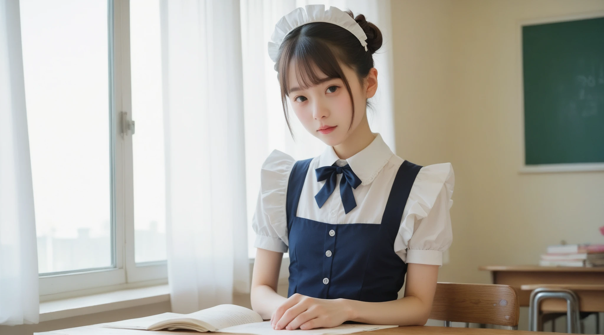  maid clothes,Junior high school students, cute girl,masterpiece, bun hair,Narrow shoulders, white skin,Thin arms,skinny