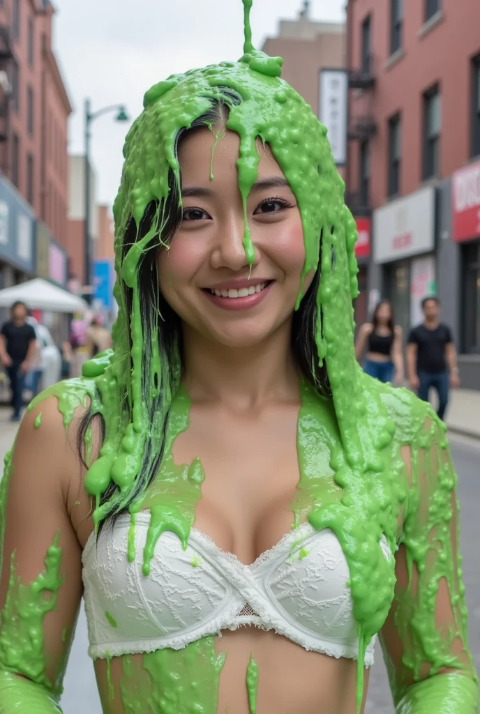 DSLR photograph. Beautiful Korean girl covered in green oatmeal. 18 year old. Korean girl. Photorealistic. Nasty slime. Raw photo. New York City. Green Slime. Wearing white lace push-up bra. Black hair. (Asian: 1.1). Beautiful Asian face. Black eyeliner. Long eyelashes.