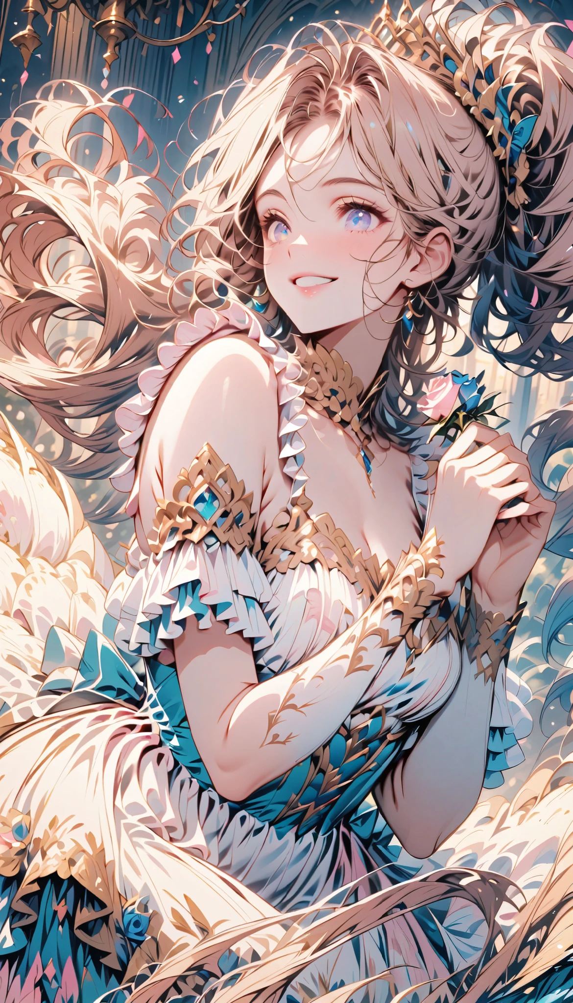 Dramatic Composition , Layered decoration, Raffle, chandelier, Roman Curl Hairstyle , Release, diamond-like double ponytail, bangs, Spectacular backdrop, Detailed hair and eyes, gorgeous princess dress, Rose in hand, smile, Star Eyes , film light , extreme details, high res, happy girl , long hair , Diamond Necklace , Light Particles