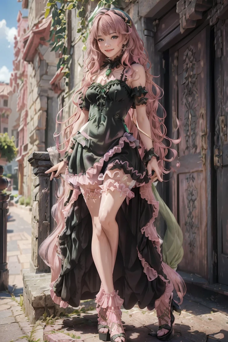 masterpiece, Highly detailed, realistic, Cinematic Lighting, Daylight, beautiful face, beautiful eyes,
 1girl, solo, (16-years-old-magical_girl), (short-pink-wavy-hair and green-eyes:1.5),
 (wearing black-See-through ruffle-and-lace Idol Costumes:1.5) ,(Roman sandals),
 (has a magic stick), (tube top), (Necklace), (Jewelry), (small breasts),
 (pretty face),(Dynamic Angle), (Dynamic Pose),
,(full body:1.5), (((tiny breasts:1.5, (slender legs), (Slender thighs)))), 
(pretty face),(smile),