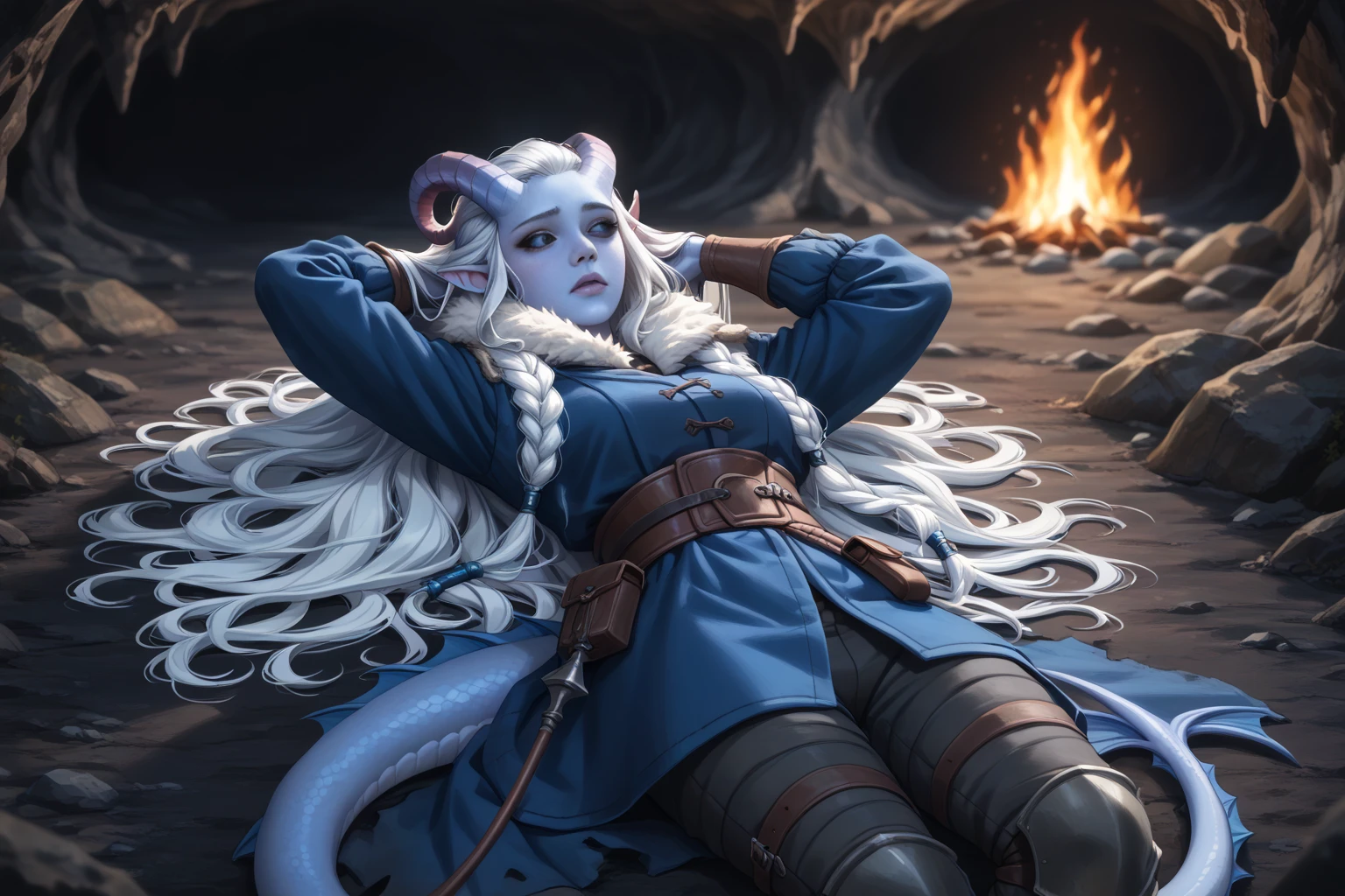 (A snow-covered cedar ,  the winter cedar forest against the background of ), (1Тiefling ,  dark blue-gray skin :1.5), (lies on his back with his hands behind his head in front of a burnt fire on black ground:1.5), (sleeping:1.2),  ( very thick long tiefling dragon tail :1.5), ( long black flowing hair with dark blue tips:1.4), ( the bright blue-black pigmentation on the face :1.5), (blue-black freckles :1.2) , ( 2little fins on their heads :1.4), ( Black eyes :1.4), (blue pupils:1.2), ( blue-black pigmentation on the skin :1.5), ( dark grey straight short horns ), ( blue and black pigmentation on the tail :1.5),  girl  , (kind face), (на лице эмоции от coldа), ( snow  на теле), ( uniform medieval fur pants:1.3), (coldно:1.2), [curiosity ], (35 years old:1.5), (adult:1.2), (Deep look:1.3), ( fur collar armor), ( fur armor ), (chainmail), (you can see pigmentation on his shoulder ), (tail protection), (short trench coat), [ snowy winter ], (in a dark, scary cave, :1.4), (visible in full), ( dynamic pose :1.1), (очень coldно), (dark:1.2), (Night:1.4), (blizzard,  snow , cold) , ( top quality ), ( masterpiece fails), ( highest detail),  fantasy background, blue tones, Dark tones, dark shades,  muted colors, [Night], (a dark scary cave in the background).