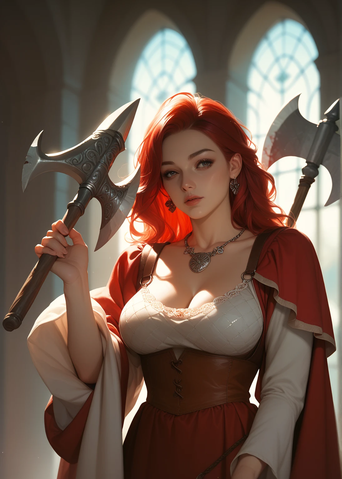 Red&#39;s son,  beautiful woman sexy body big breasts, holding a medieval axe in his hand