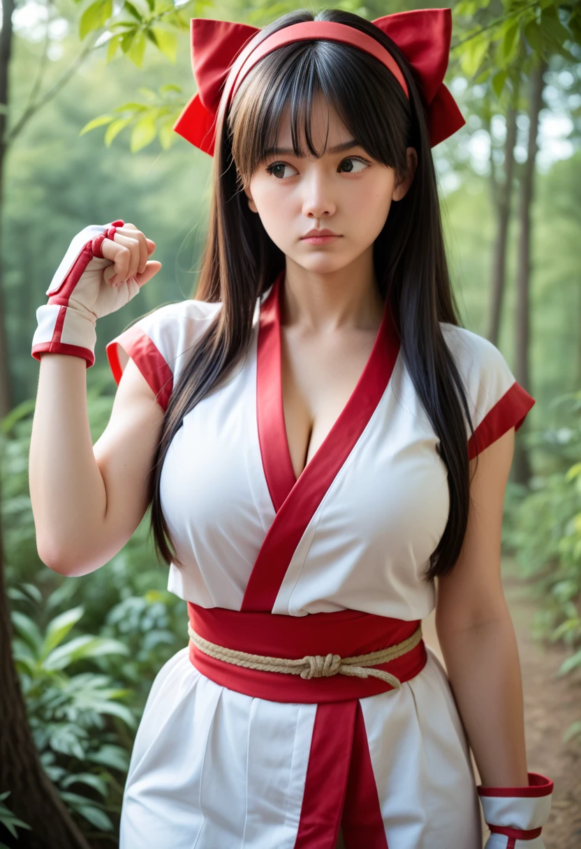 1girl, long hair, black hair, hair bow, hairband, black eyes, ainu clothes, japanese clothes, short sleeves, pants, fingerless gloves, serious, outdoors, forest, cowboy shot , looking away, (Big breasts that are about to burst:1.30), masterpiece,japanese cute girl,High school ********、17age、random pose,(Photorealistic:1.4), (Top image quality:1.0), (超A high resolution:1.0), 8k, Raw photography, 