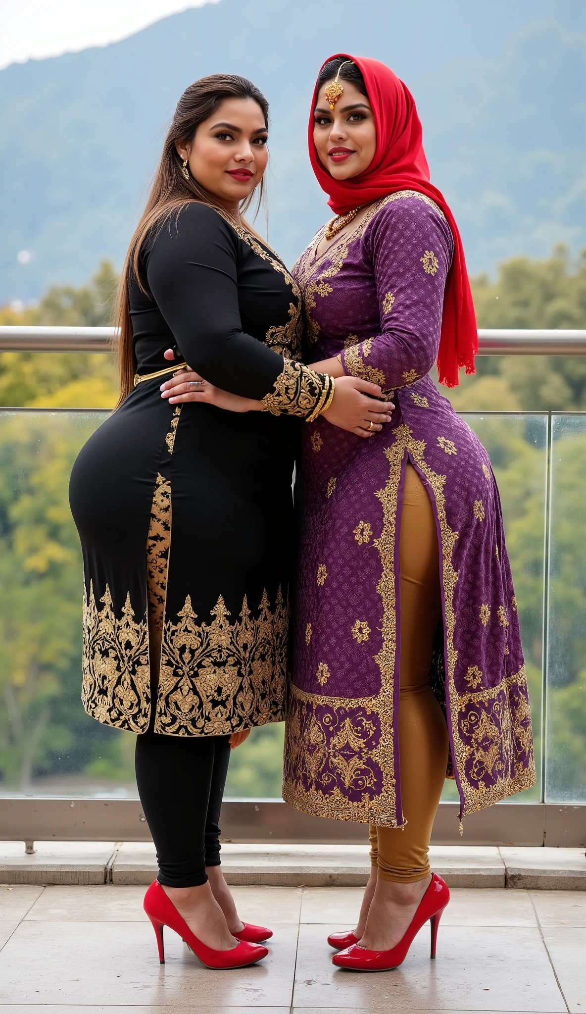 I am 40 year old plus size tall and big giant indian muslim women, looking like indian actress hansika motwani, wearing a gold amd black boarded kurti and shining reflective glossy cyan ankle length leggings and red hijab,white-skin,white skin tone, beautiful face, red lips, clean skin, celebrity face, thick leggs, round ass,bulging ass,huge breast, i am hugging another 40 plus size tall and big giant indian wife, looking like indian actress anushka shetty, wearing shining reflective glossy bronze ankle length leggings and purple golden boarded kurti, white skin tone, beautiful face, red lips, clean skin, celebrity face, thick leggs, round ass,bulging ass,huge breast,all indian ornaments like ,gold chain,gold necklace,gold ear ring with chain connect with nose ,nose stud ,auspicious thread in Necklace, Armlet, bangles,red sindur on head,women standing looking the viewer,both women have huge bulging assand wide hips,smiling happy face,red and gold stileto heels,looking straight to camera, realistic photo, looking straight to camera,full body image,wide angle shot in camera, realistic photo,a quarter back side view of women,in a kashmir hill resort,