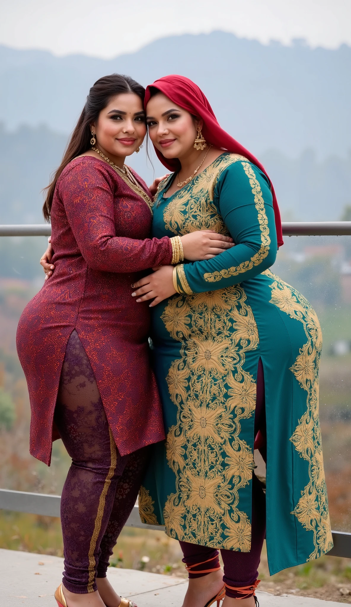 I am 40 year old plus size tall and big giant indian muslim women, looking like indian actress hansika motwani, wearing a gold amd black boarded kurti and shining reflective glossy cyan ankle length leggings and red hijab,white-skin,white skin tone, beautiful face, red lips, clean skin, celebrity face, thick leggs, round ass,bulging ass,huge breast, i am hugging another 40 plus size tall and big giant indian wife, looking like indian actress anushka shetty, wearing shining reflective glossy bronze ankle length leggings and purple golden boarded kurti, white skin tone, beautiful face, red lips, clean skin, celebrity face, thick leggs, round ass,bulging ass,huge breast,all indian ornaments like ,gold chain,gold necklace,gold ear ring with chain connect with nose ,nose stud ,auspicious thread in Necklace, Armlet, bangles,red sindur on head,women standing looking the viewer,both women have huge bulging assand wide hips,smiling happy face,red and gold stileto heels,looking straight to camera, realistic photo, looking straight to camera,full body image,wide angle shot in camera, realistic photo,a quarter back side view of women,in a kashmir hill resort,