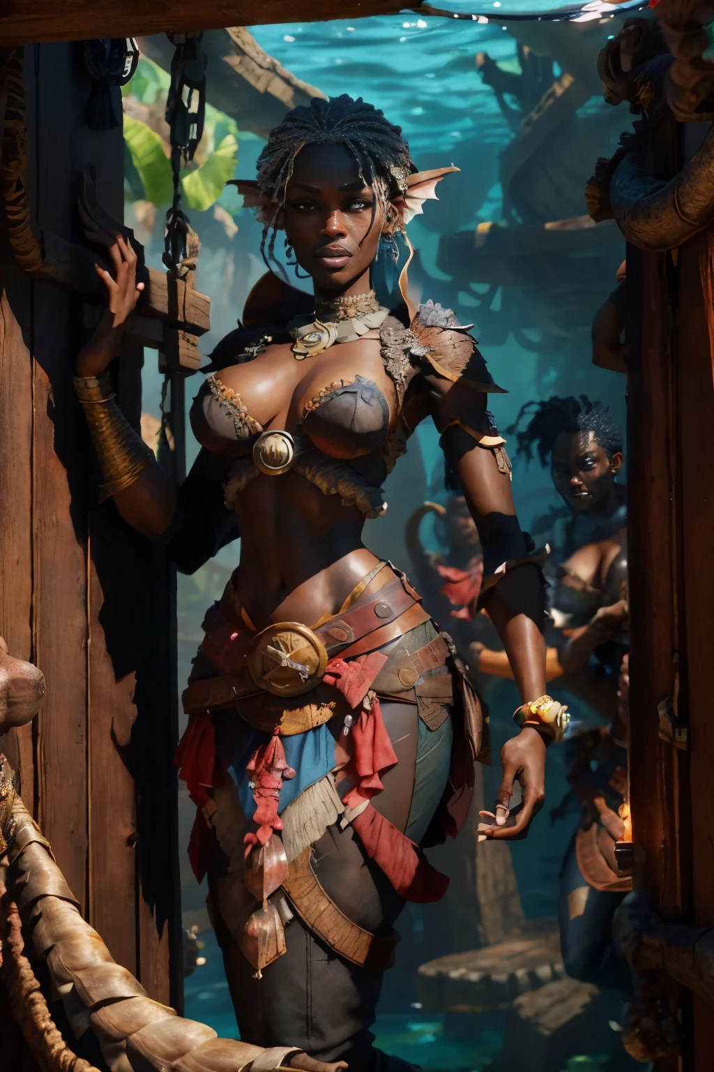 Beautiful Alluring african Female pirate mermaid , Bare oily Skin, black skin, Athletic Well Toned Body, open vest, frilly revealing white shirt, glossy mermaid scale, leather belt, , cleavage, Barely Clothed, at an underwater shunken ship, pirate theme Theme, nautical theme, Beautiful D&D Character Portrait, Beautiful Face, Ominous, Dark Fantasy, Fiverr Dnd Character, Octane Render, Digital Art, Extreme Detail, 4k, Ultra Hd, Polished, Beautiful, Hyperdetailed, Intricate, Elaborate, Meticulous, Photorealistic, Sharp Focus, Wlop, Character Design, Unreal Engine, 3d Rendered, Volumetric Lighting, Reflections, Glossy, Digital Illustration, Sensual Pose, Suggestive Pose, Full Body Shot,  exposed breasts, small perky breasts, visible nipples, 💖❤💕💋❣