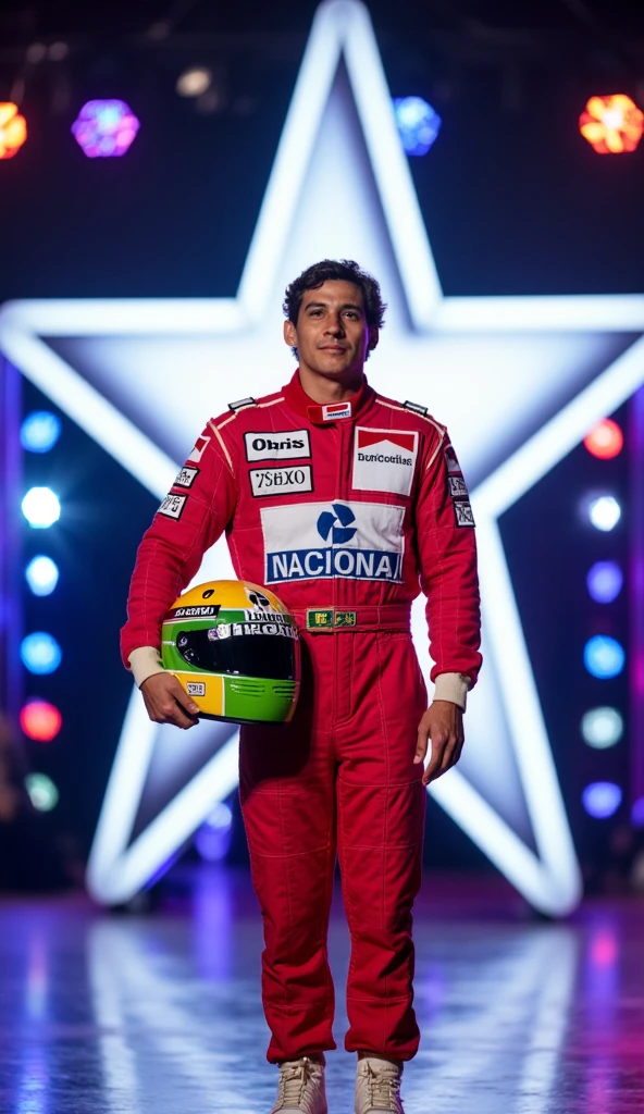  Formula 1 driver Ayrton Senna wearing his classic red jumpsuit and holding his green and yellow helmet.  He is at the center of the stage of a talent show-type TV show similar to America's Got Talent ,  in the background of the stage we see a large white LED star and colorful light spots without an audience . Distant full-body portrait 