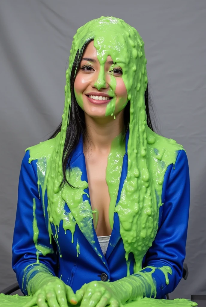 (4k, high level of detail, HDR, DSLR, realistic) woman, Latina, perfect figure, curves, curly hair, tight curls, red lipstick, covered in green slime, slime dumped on woman, green slimed hair, neon green, neon green goo, gunged, green gunge, green paint, goo, sticky, smile, glee, happy, Nickelodeon slime, splattered, drenched, soaked, slimy, slimy, slimy, slimy, slime in hair, full coverage, slippery, sensual, splat, sloppy, goop, thick, dark green sludge, Nickelodeon slime, deluge, oozing slime, dripping slime, green slime on her hair, slime on her head, plume of slime from above, slime from above, covered in green slime, ooey gooey, goo in hair, goo on hair, goo on head, green snot, snotty, green mucus, green slime, green slime, green slime, green slime, green slime, green, slimed, slimed, slimed, slimed, slime on head, green paint, green paint in hair, thick, slime, creamy, slime on face, green goo on face, dripping