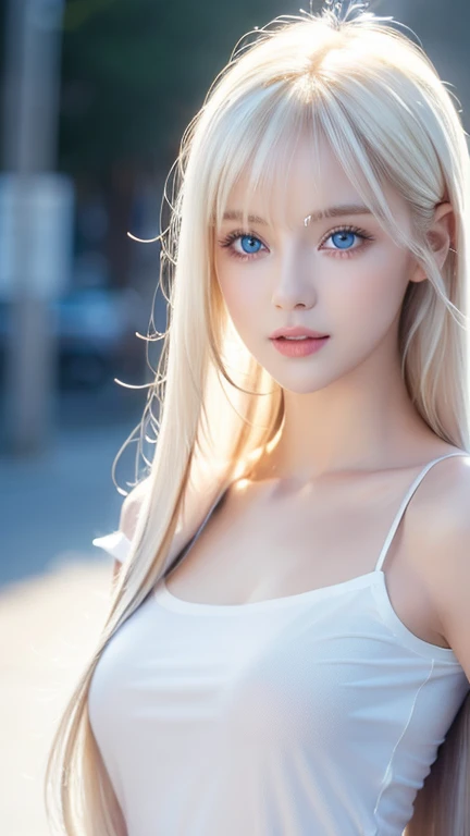  Unmatched Beauty ,  firm and shiny skin ,  bangs between eyes, Beautiful shiny straight platinum blonde,  Super Long Straight Silky Hair,  eyeliner ,  sexy beautiful innocent , High resolution big beautiful bright blue eyes,  beautiful and lovely girl, *********, Short sleeve shirt、 EROTIC 