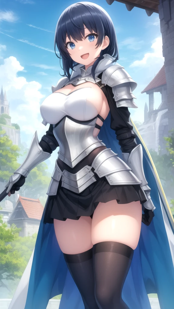 masterpiece, best quality, high quality, girl, solo, looking at viewer, touya_mochizuki, black hair, blue hair, large breasts, black and silver knight armor, skirt, stockings, standing, smile, open mouth, outdoors 