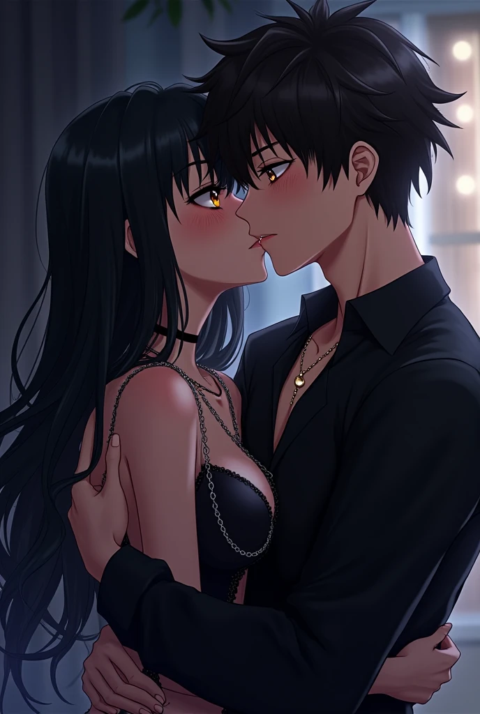 A handsome anime boy with black hair in a kissing a hot girl in bedroom now they both get normal they stopped