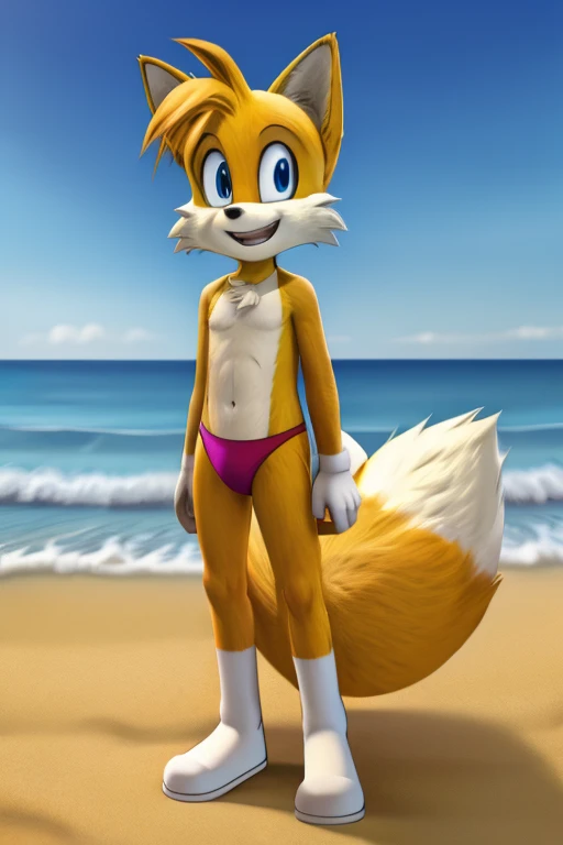 Tails Prower, furry, outside, beach, Tails Prower, Miles Prower, solo, looking at viewer, smile, 1boy, standing, full body,