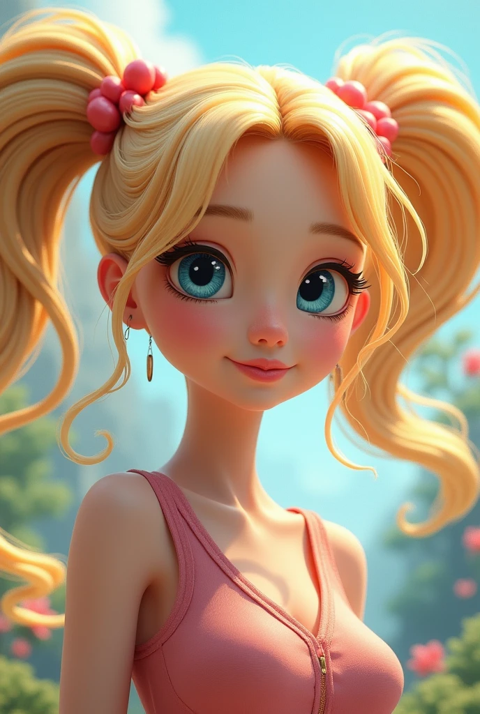 Skinny blonde woman with blue eyes and pigtails