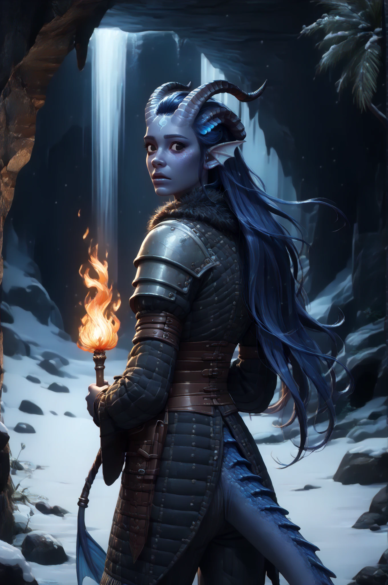 (A snow-covered cedar ,  the winter cedar forest against the background of ), (1Тiefling ,  dark blue-gray skin :1.5), ( very thick long tiefling dragon tail :1.5), ( long black flowing hair with dark blue tips:1.4), ( the bright blue-black pigmentation on the face :1.5), (blue-black freckles :1.2) , ( 2little fins on their heads :1.4), ( Black eyes :1.6), (blue pupils:1.1), ( blue-black pigmentation on the skin :1.5), ( dark grey straight short horns ), ( blue and black pigmentation on the tail :1.5),  girl  , (kind face), (1very small black and red flame in the palm:1.7) , (на лице эмоции от coldа), ( medieval fur pants ), (coldно:1.2), [curiosity ], (35 years old:1.5), (adult:1.2), (Deep look:1.3), (looks back in fright:1.5), ( fur collar armor), ( fur armor ), ( medieval fur pants ), (chainmail), (you can see pigmentation on his shoulder ), (tail protection), [ snowy winter ], (in a dark, scary cave, :1.4), (visible in full), ( dynamic pose :1.3), (очень coldно), (dark:1.2), (blizzard,  snow , cold) , ( top quality ), ( masterpiece fails), ( highest detail),  fantasy background, blue tones, Dark tones, dark shades,  muted colors, [Night], (a dark scary cave in the background).