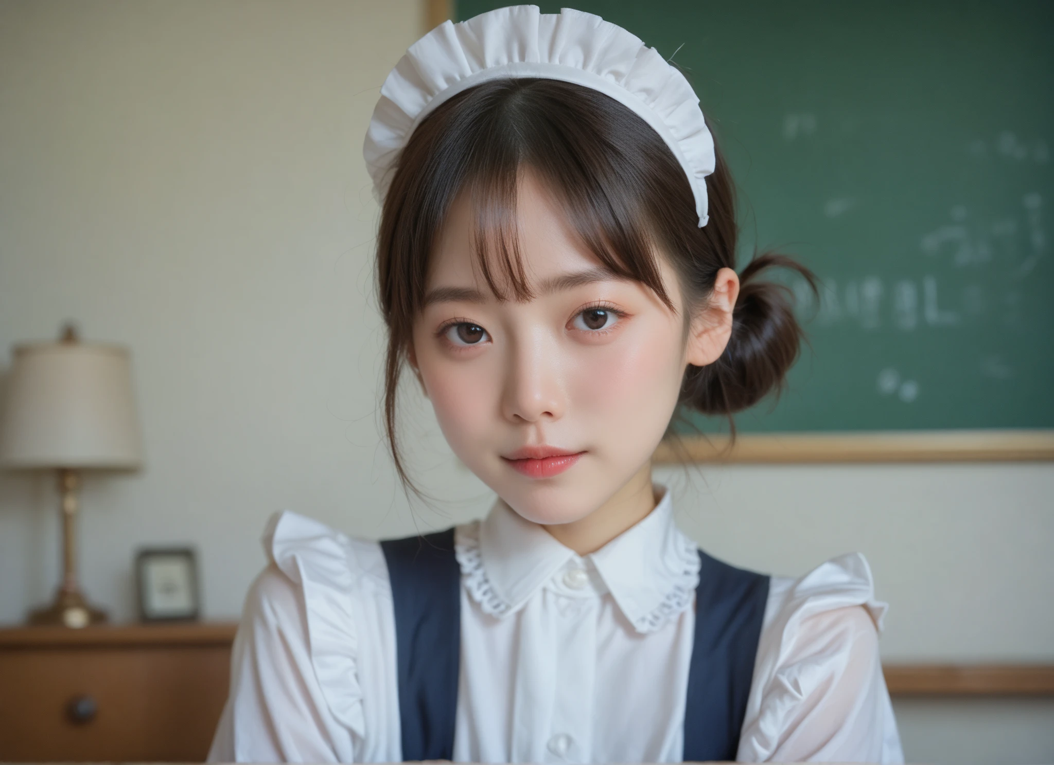  maid clothes,Junior high school students, cute girl,masterpiece, bun hair,Narrow shoulders, white skin,Thin arms,skinny