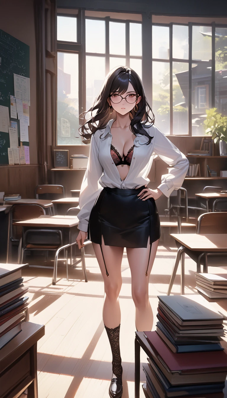 (((incredibly ridiculous)))), ((absurd)), anime style, (one female teacher),30-year-old female teacher,((Exhibitionist female teacher)))),((Female teacher no skirt),(((Female teacher without blouse))),(Female teacher in lingerie)),((Female teacher in lingerie),(classroom), natural lighting, --auto --s2