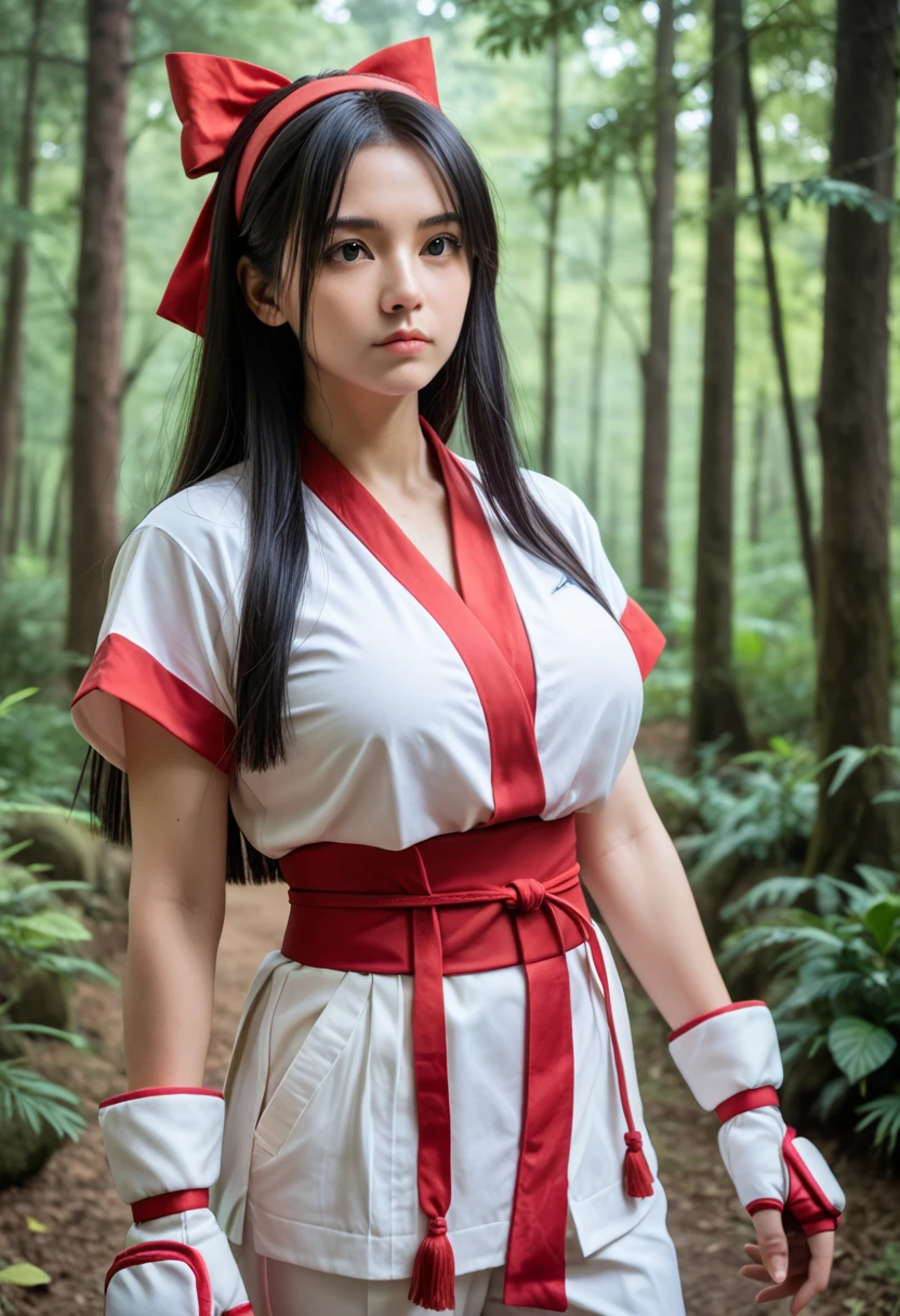 1girl, long hair, black hair, hair bow, hairband, black eyes, ainu clothes, japanese clothes, short sleeves, pants, fingerless gloves, serious, outdoors, forest, cowboy shot , looking away, (Big breasts that are about to burst:1.30), masterpiece,japanese cute girl,High school students、17age、random pose,(Photorealistic:1.4), (Top image quality:1.0), (超A high resolution:1.0), 8k, Raw photography, 