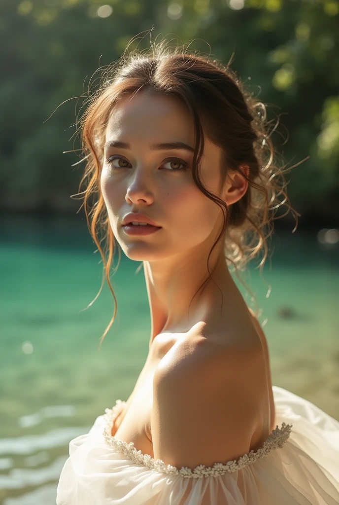Close up sexy woman in water,Reeds swaying backlight,realistic sense,qualidade de obra-prima,Best Picture Quality,lens flare glow,Digital painting by artists Jeremy Lipkin and Antonio Manzoni with delicate shadows,Blooming brightly colored flowers。full bodyesbian。