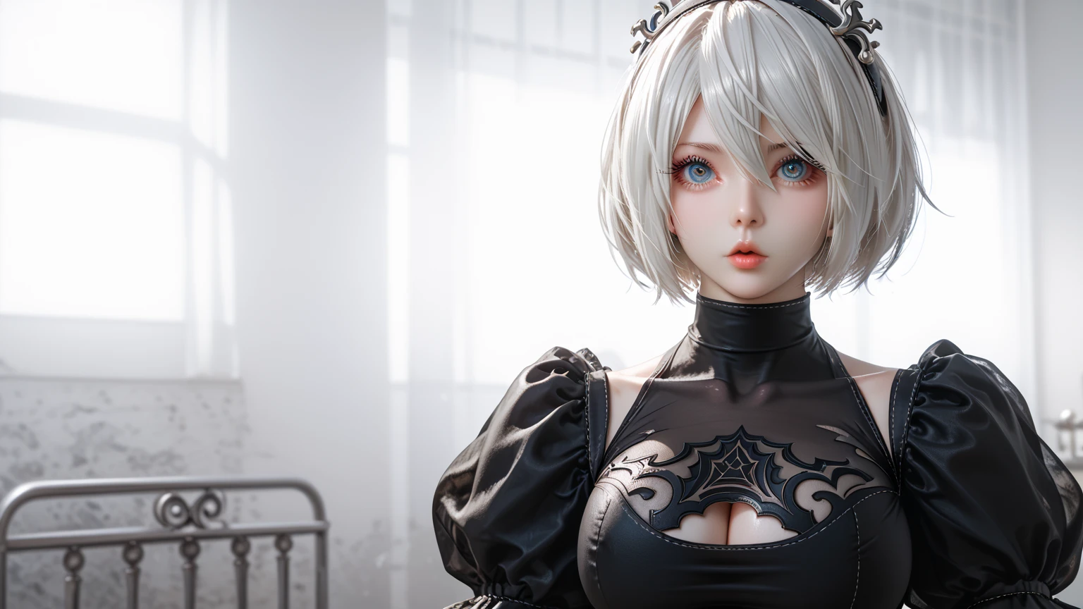 dark hell background 、Gothic、 bondage 、 Nier Automata、2b、Yorha Type 2 、 erotic mature woman in her 50s、Big Breasts、Advanced、 high definition 、 big round eyes 、 high definition な目、 long eyelashes、 delicate collarbone 、Oversized breasts that seem to pop 、Small mouth 、Thin shoulders 、 clear white skin、I don't need a hair ornament 、