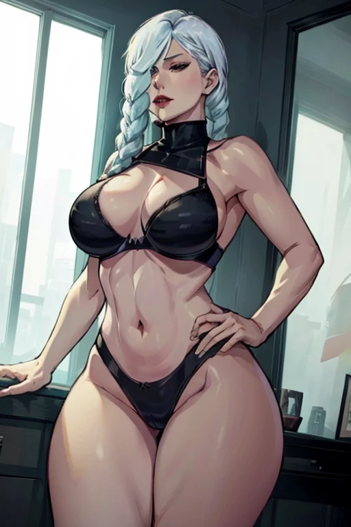 Mei Mei ( jujutsu kaisen ) White hair with braid Big medium tits healed abdomen big thick thighs Black thighs and sexy black bra in front of the mirror red lips anime imagem 4D