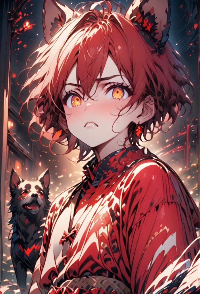  beautiful boy 。Young、One person。Good look , One personで,1 teenager、 Charming Eyes、masterpiece,  top quality 。Red Hair。 black light、Amber Eyes、Frown、 red kimono、 earrings for women with first name、Standing dog ears。Double teeth。 is staring