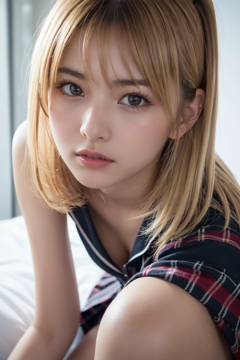 busty japanese lady、whole body、front、The most beautiful woman in Japan、Casual Style、Leaning forward、Bright eyes with sharp details(Looking into the camera)Blonde、