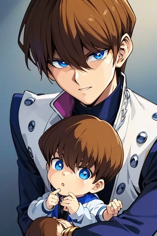 (masterpiece, best quality, ultra-detailed), 1boy, blue eyes, brown hair, standing, man body, portrait shot, looking at viewer, serius expression, Seto Kaiba hair style with baby in your arms with blue eyes and brown spike hair