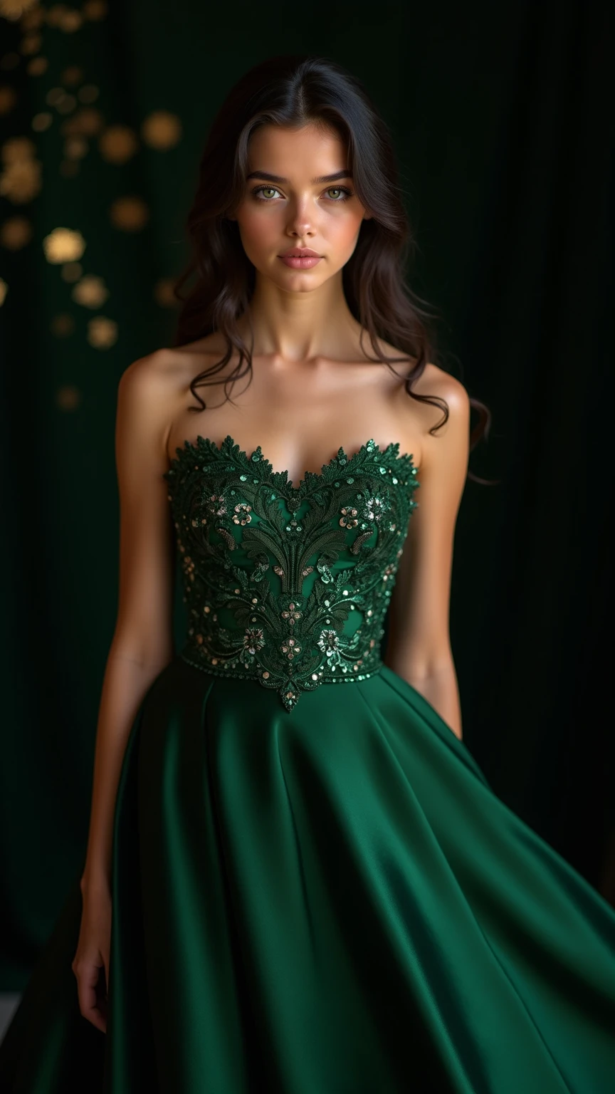 slightly tall young woman, light brown skin, light green eyes. long brown hair. Short A-line strap dress made of shiny dark green satin, Tights, 项链, transparent lip gloss, narrow building, Pretty, 2, Full body photo, long legs, Satin top. An einer Party