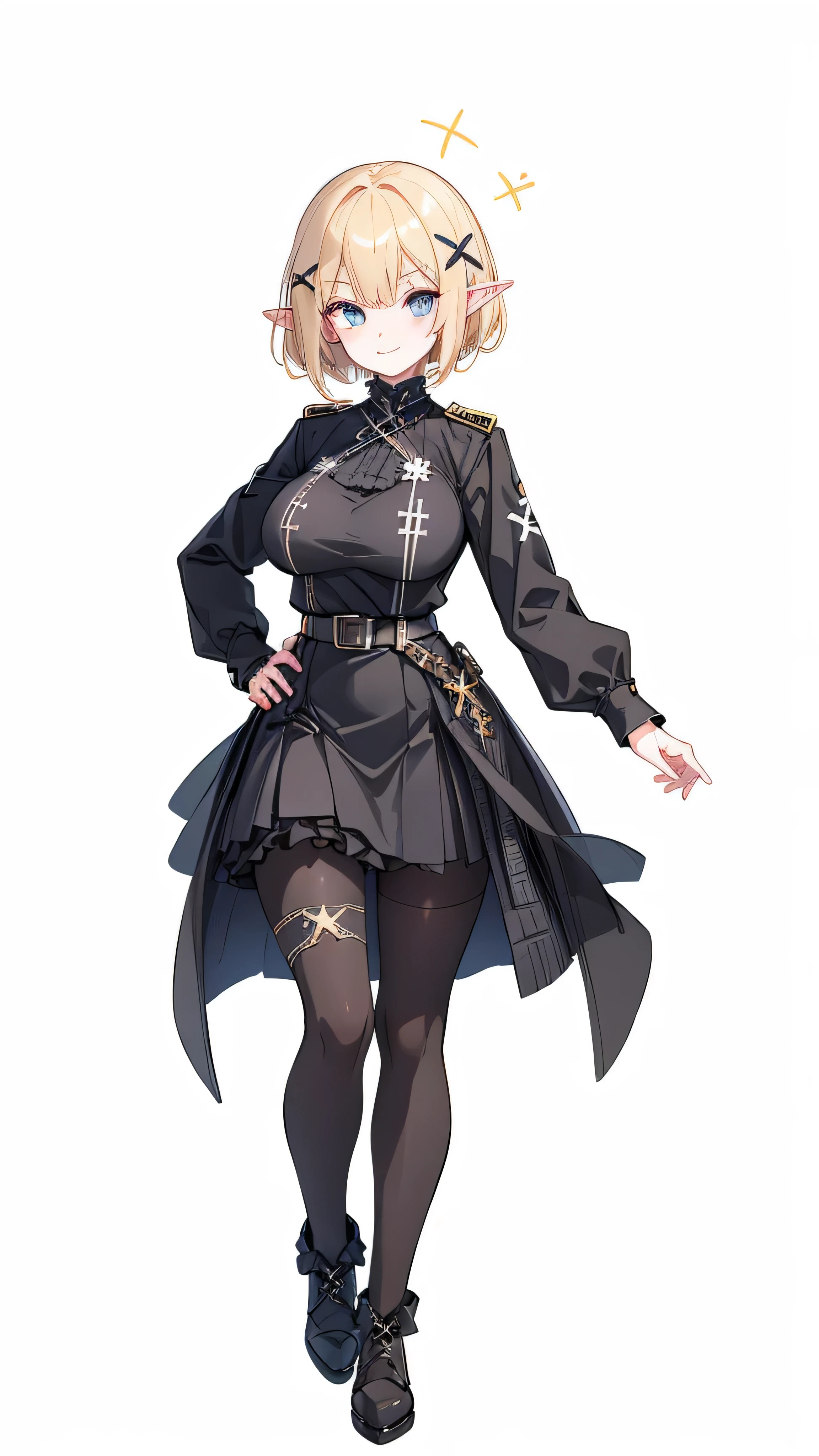 masterpiece,  top quality ,(( 1 elf woman, tall ,adult,Standing tall, standing straight , slender)),(((full body))), with detailed sagging eyes,Perfect dark blue eyes , (( blonde short hair)),ahoge,(((thick hair pin in the shape of an X on the bangs ))),(huge breast:1.2), black boots ,((black luxury tights,black gothic skirt with ruffles,black gothic military uniform ,Black long sleeves)),(((( no background ,Solid white background)))), thin eyebrows, white skin,A cheerful smile,  I don't have anything in my hands ,One hand on hip,( composition from an oblique side),Gun belt on waist