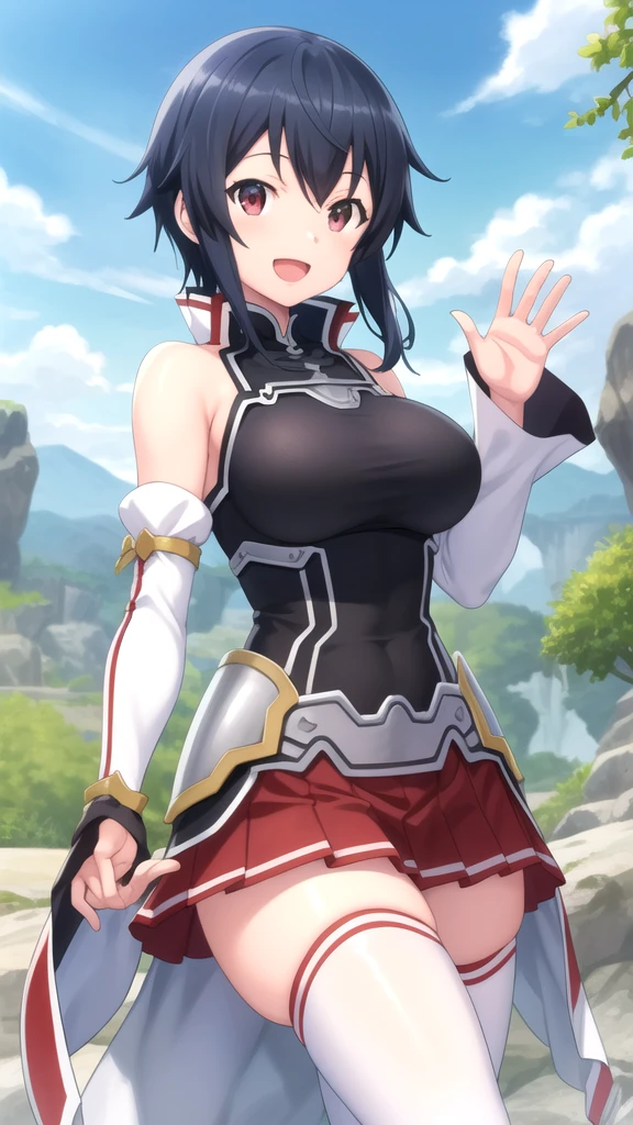 masterpiece, best quality, high quality, girl, solo, looking at viewer, touya_mochizuki, black hair, blue hair, large breasts, Sword art online cosplay, bare shoulders, armor, breastplate, white sleeves, detached sleeves, red skirt, pleated skirt, white thighhighs, waving, smile, open mouth, outdoors 