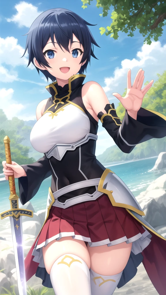 masterpiece, best quality, high quality, girl, solo, looking at viewer, touya_mochizuki, black hair, blue hair, large breasts, Sword art online cosplay, bare shoulders, armor, breastplate, white sleeves, detached sleeves, red skirt, pleated skirt, white thighhighs, waving, smile, open mouth, outdoors 