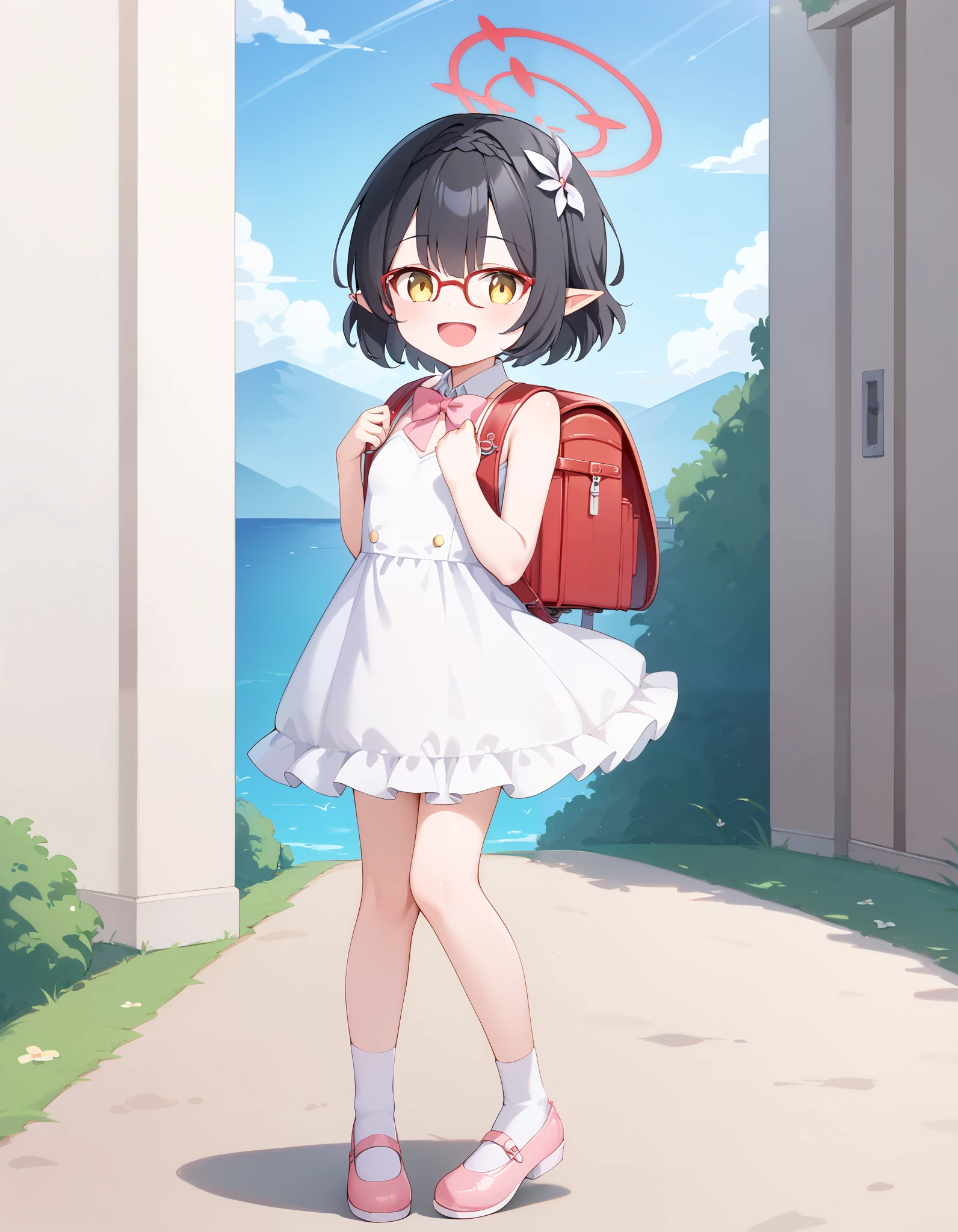 Hd, (******girl:1.2) (slender body) (thin body), ayane \(blue archive\), smile, happy,yellow eyes,short hair,black hair,glasses,pointy ears,hair flower,halo, flat breasts, (white skin) happy and confident expression. full body, (ch1ldren playing), short girl, cute girl, (**li:1.2), (ch1ldren:1.2),  long straight hair, thin legs, flat chest, flat breasts. (happy, smile, cheerful), Standing, outdoor, wearing party dress, white dress, frilly dress, white socks, pink shoes, bowtie, wearing randoseru backpack, red backpack 