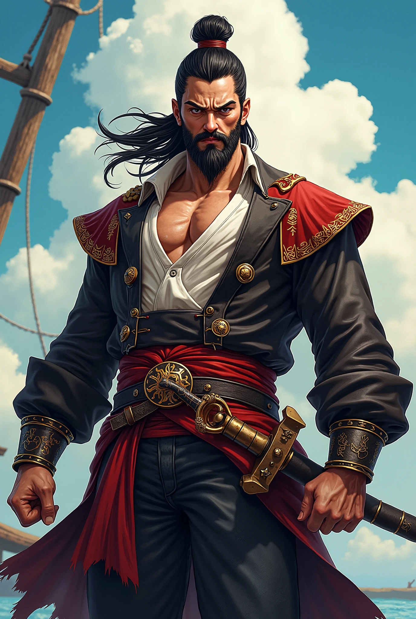 ((best quality:1.3)), ((masterpiece:1.3)), ((detailed background:1.3)), ((detailed face:1.3)), (Highly detailed face:1.2), (1 person, Handsome muscular young greek man:1.2), (A happy smile: 1.3), (Natural look:1.3), (A lively smile:1.3),Beautiful Eyes, Beautiful colored hair, Straight hair, (Overall view of a pirate ship:1.3), skin, Character Focus, Portraiture, View your viewers, alone, Upper Body, Detailed Background, sinister smile, Those who cannot, Rich pirate costume, Tattoo, Dark Fantasy Theme, (((Detailed Pirate Ship:1.3))), wooden deck of a ship, cannon, gunpowder, Flintlock pistol type, flying debris, pirate battle, Maelstrom, Dark Storm, it&#39;s raining, Tropical Beach, pirate hideout, dock, camp, Palm tree, sand, peaceful, sun, Loot, azimuth magnetic needle, treasure,Photon Mapping,High Contrast,Glitter