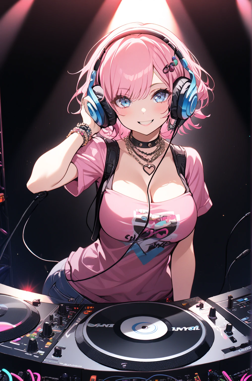 1girl,(((pink short hair,blue eyes))),she is DJ, disc jockey,
big breast,cleavage,casual fashion,headphone,
on the stage,spotlight,